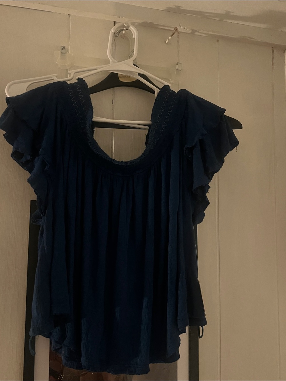 Free People Navy Ruffled Flutter Sleeve Blouse